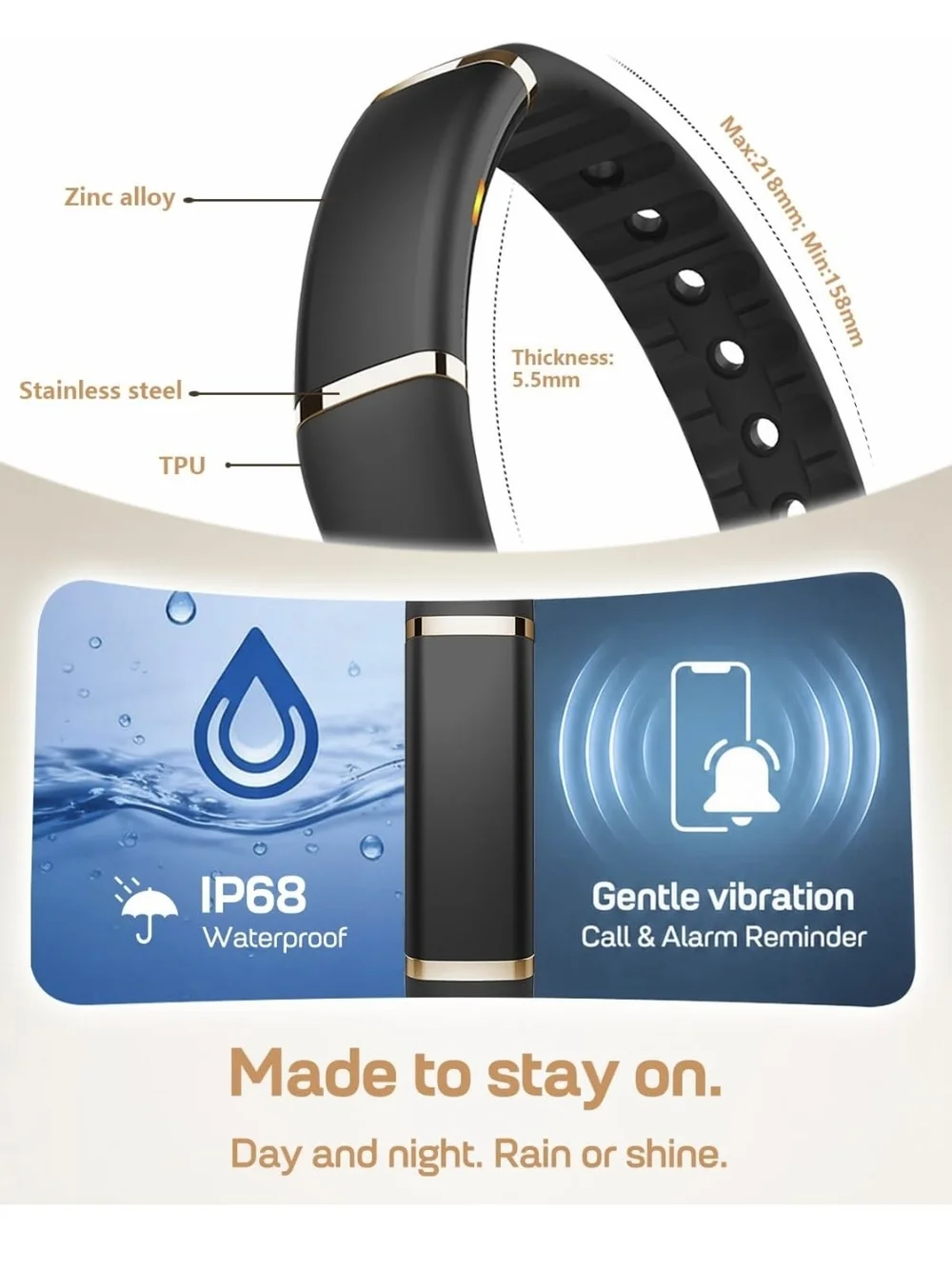 FITVII Black Fitness Tracker Band with Gold Accents Screenless Activity Tracker
